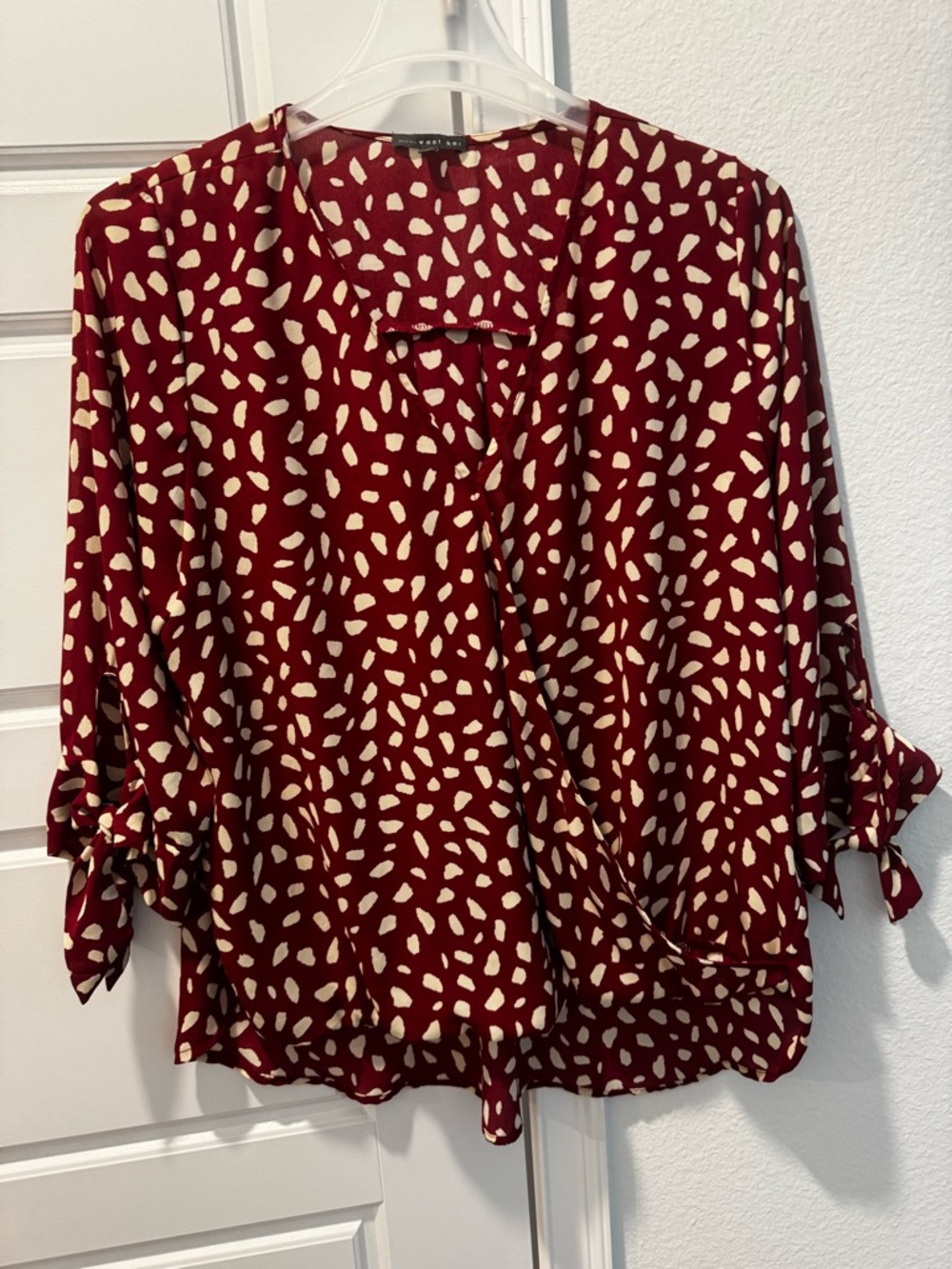 West Kei Maroon and Cream Printed Wrap-Style Blouse